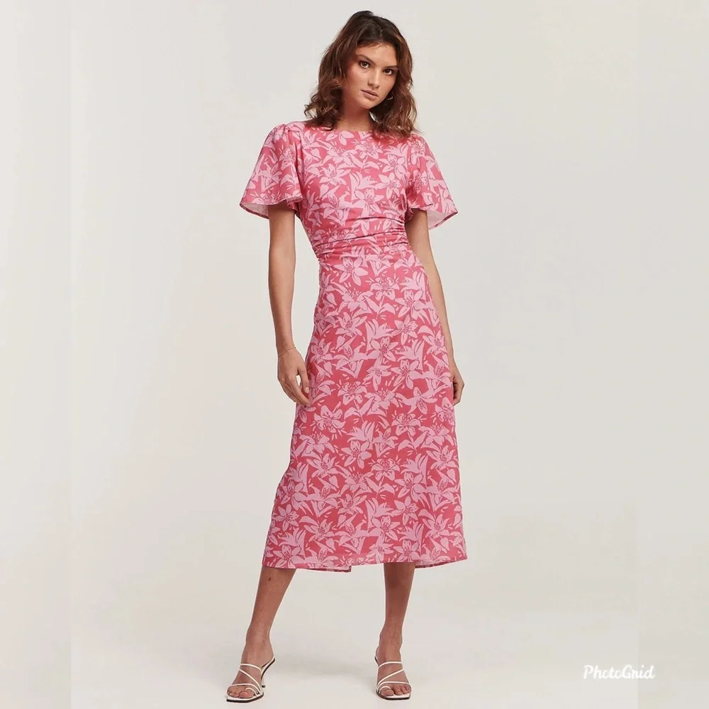 NEW Charlie Holiday "Harlow" Linen Floral Dress w/ Flutter Sleeves & Open Back - Picture 7 of 11